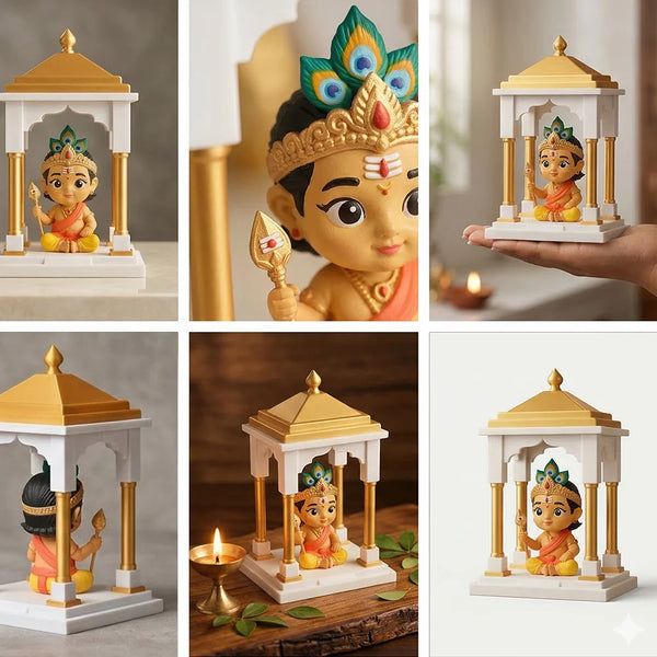 Collage of Bala Murugan figurine with architectural elements on a neutral background