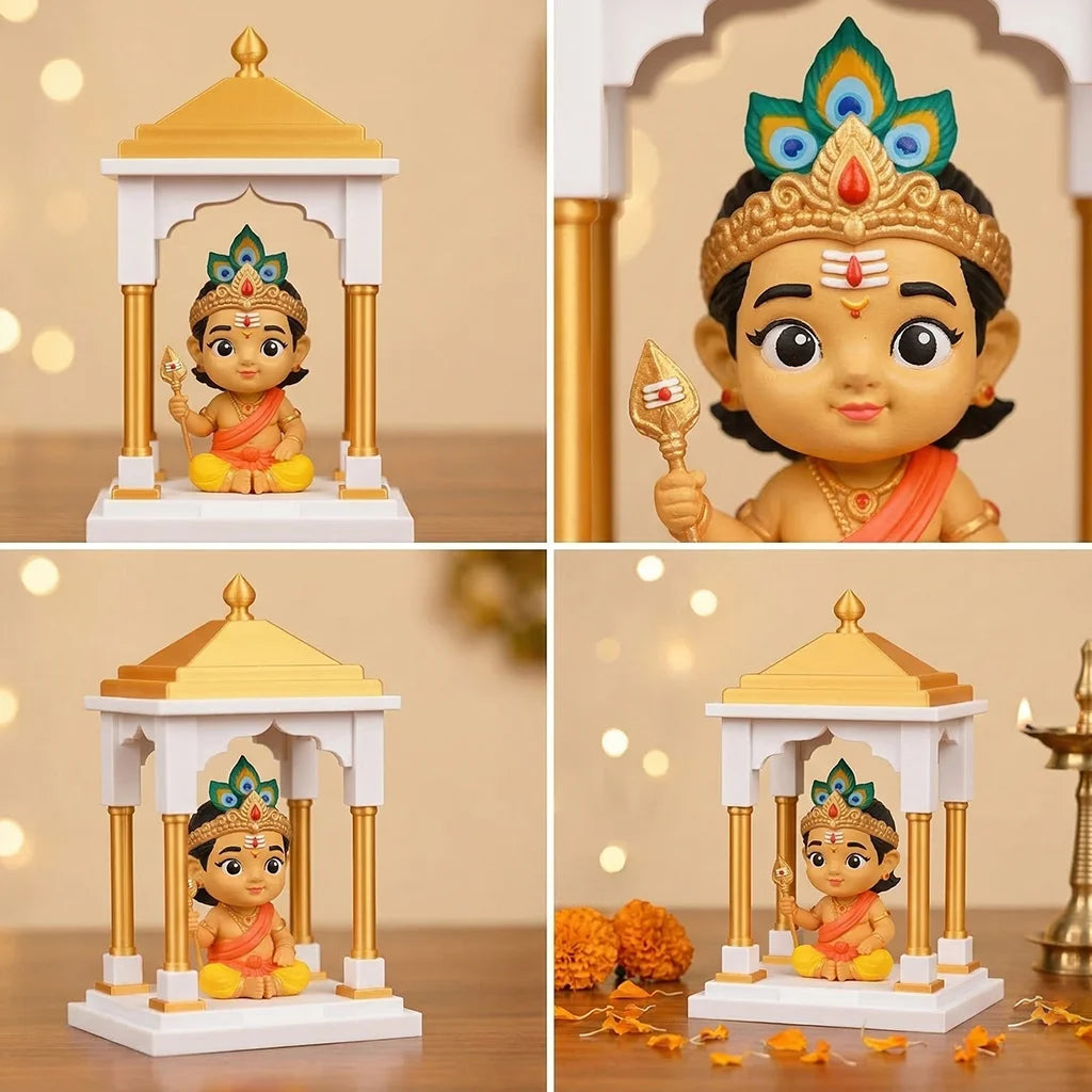 Collage of a small Bala Murugan of a deity on a pedestal with decorative elements.